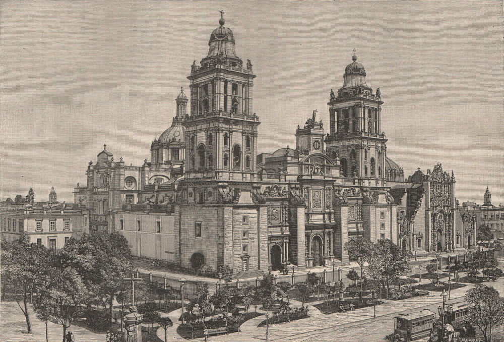 Mexico City Metropolitan Cathedral. Catedral Metropolitana 1885 old print